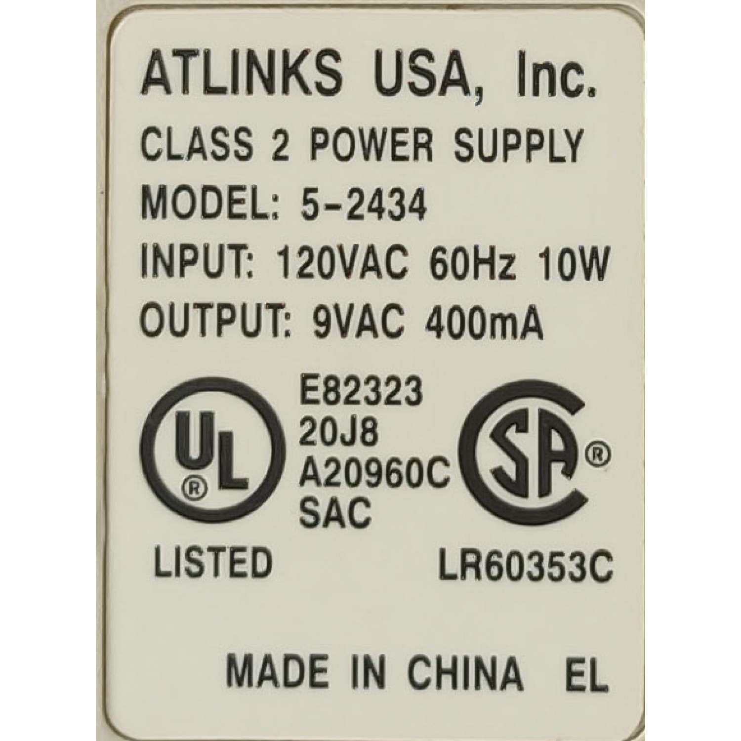 ADAPTADOR AC/AC ATLINKS / NUMERO DE PARTE 5-2434 / INPUT: 120V AC 60Hz 10W / OTPUT: 9V AC 400mA	 - Imagen 2